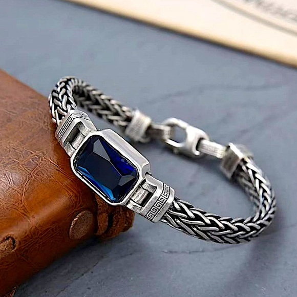 Sterling Silver Blue Zircon Braided Bracelet, Unisex, Handmade - Picture 2 of 15